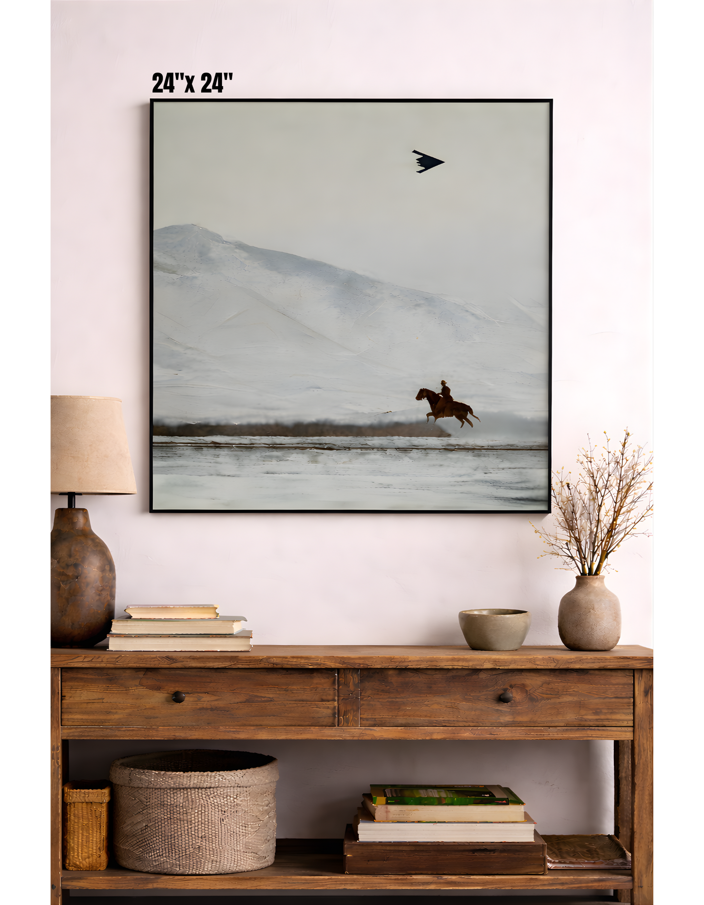 Cowboy on Horse and B2 Spirit Flying Satin Poster