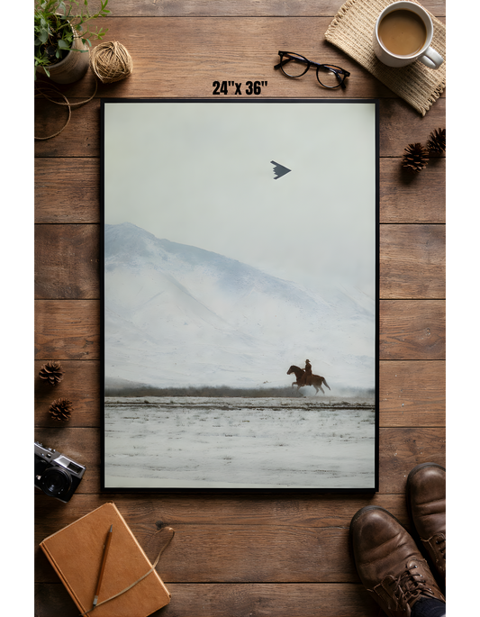 Cowboy on Horse and B2 Spirit Flying Satin Poster