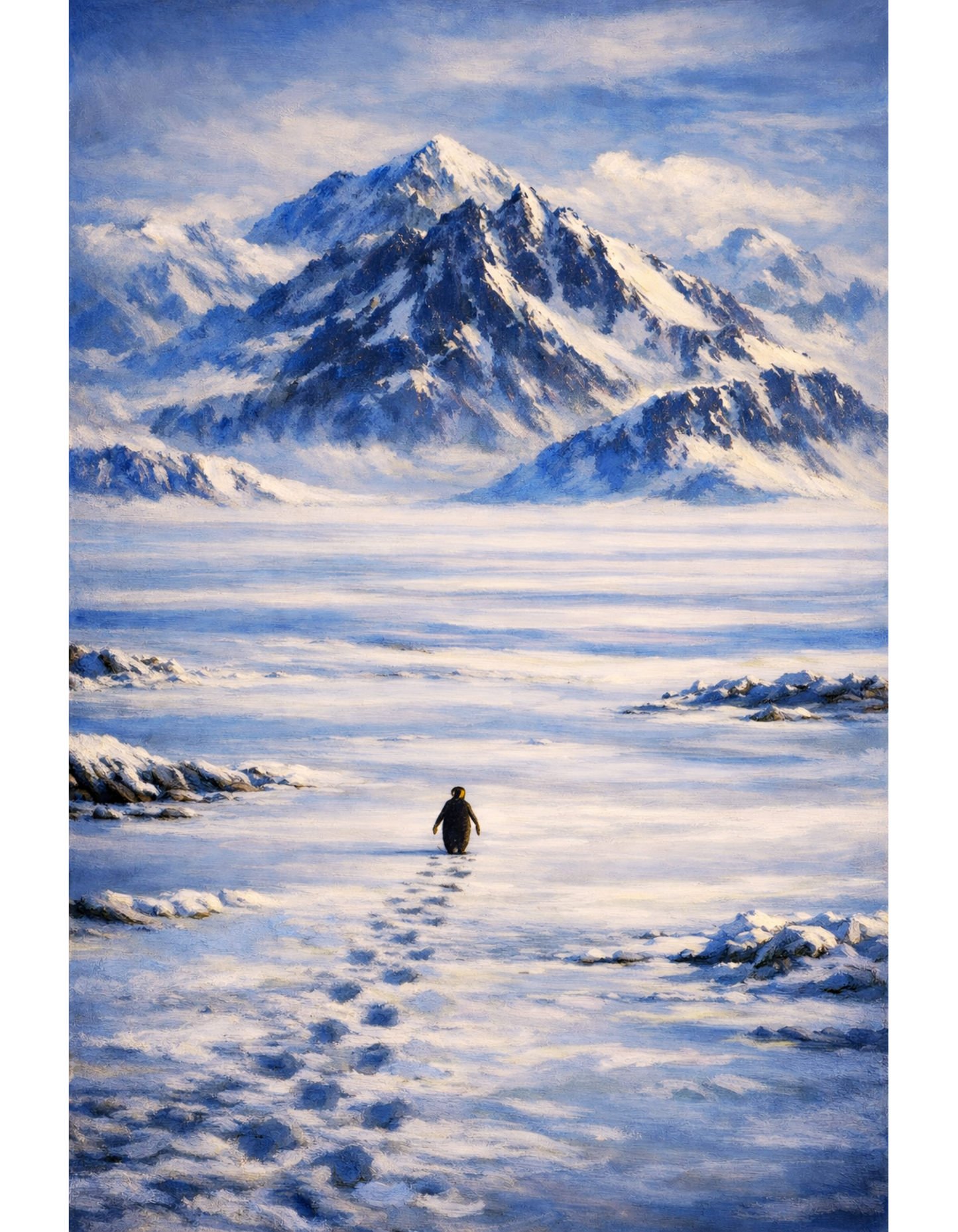 Penguin Walking Toward Mountain Satin Poster