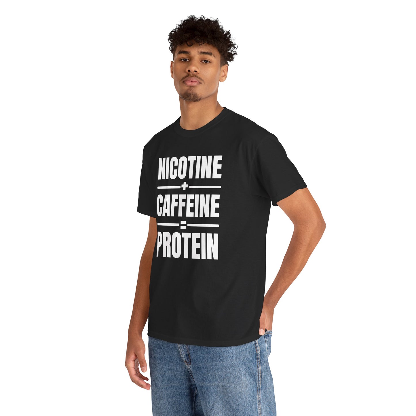 Nicotine + Caffeine = Protein Unisex Heavy Cotton Tee
