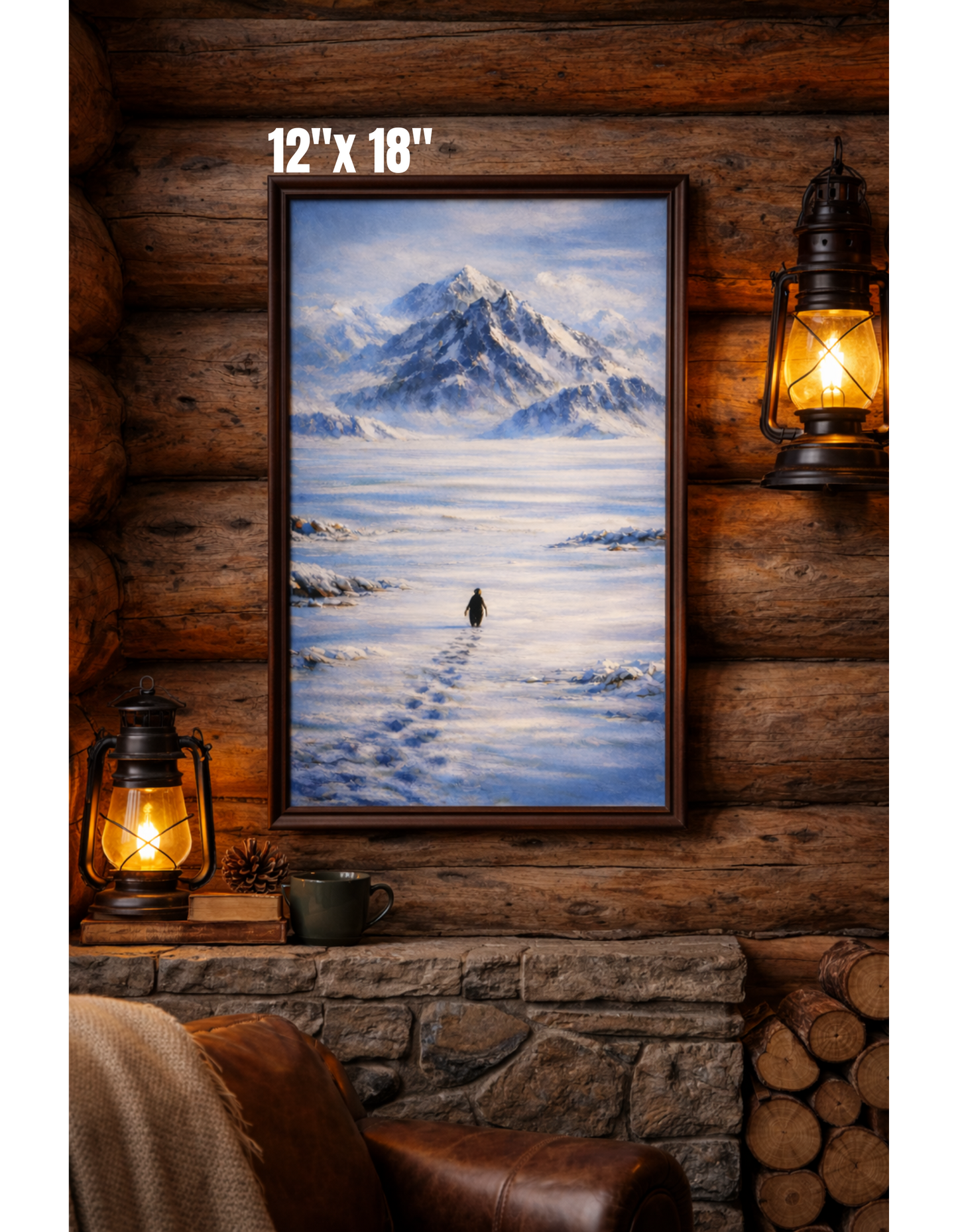 Penguin Walking Toward Mountain Satin Poster