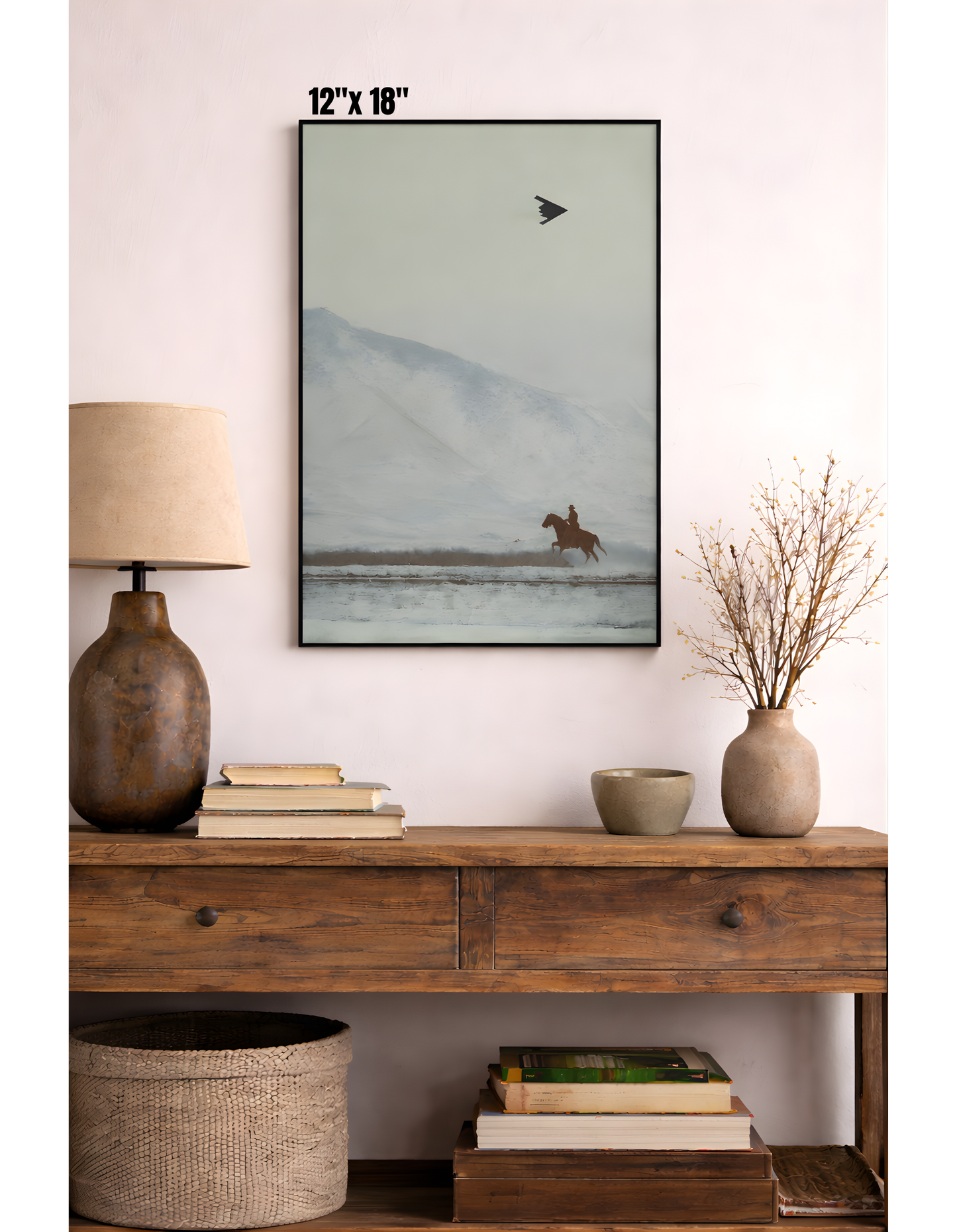 Cowboy on Horse and B2 Spirit Flying Satin Poster