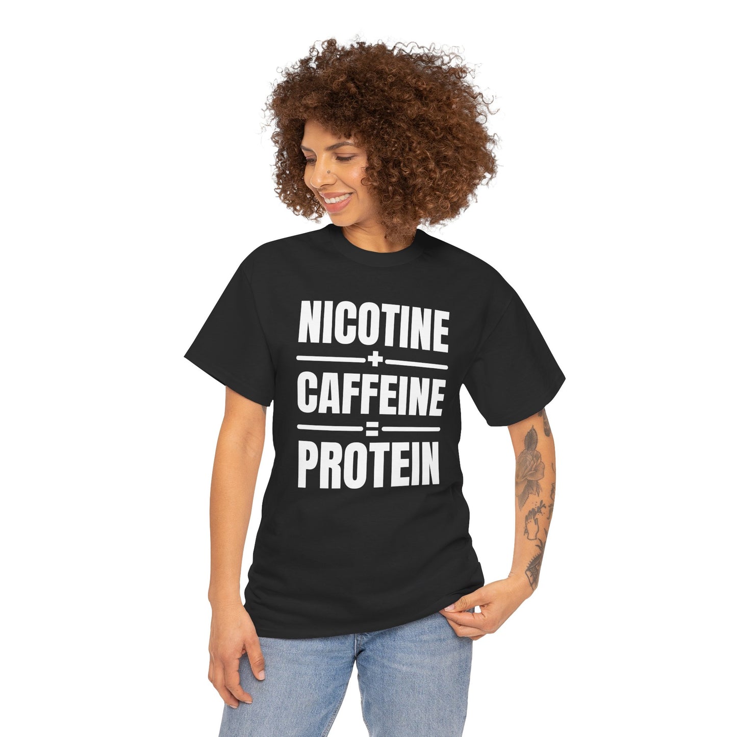 Nicotine + Caffeine = Protein Unisex Heavy Cotton Tee