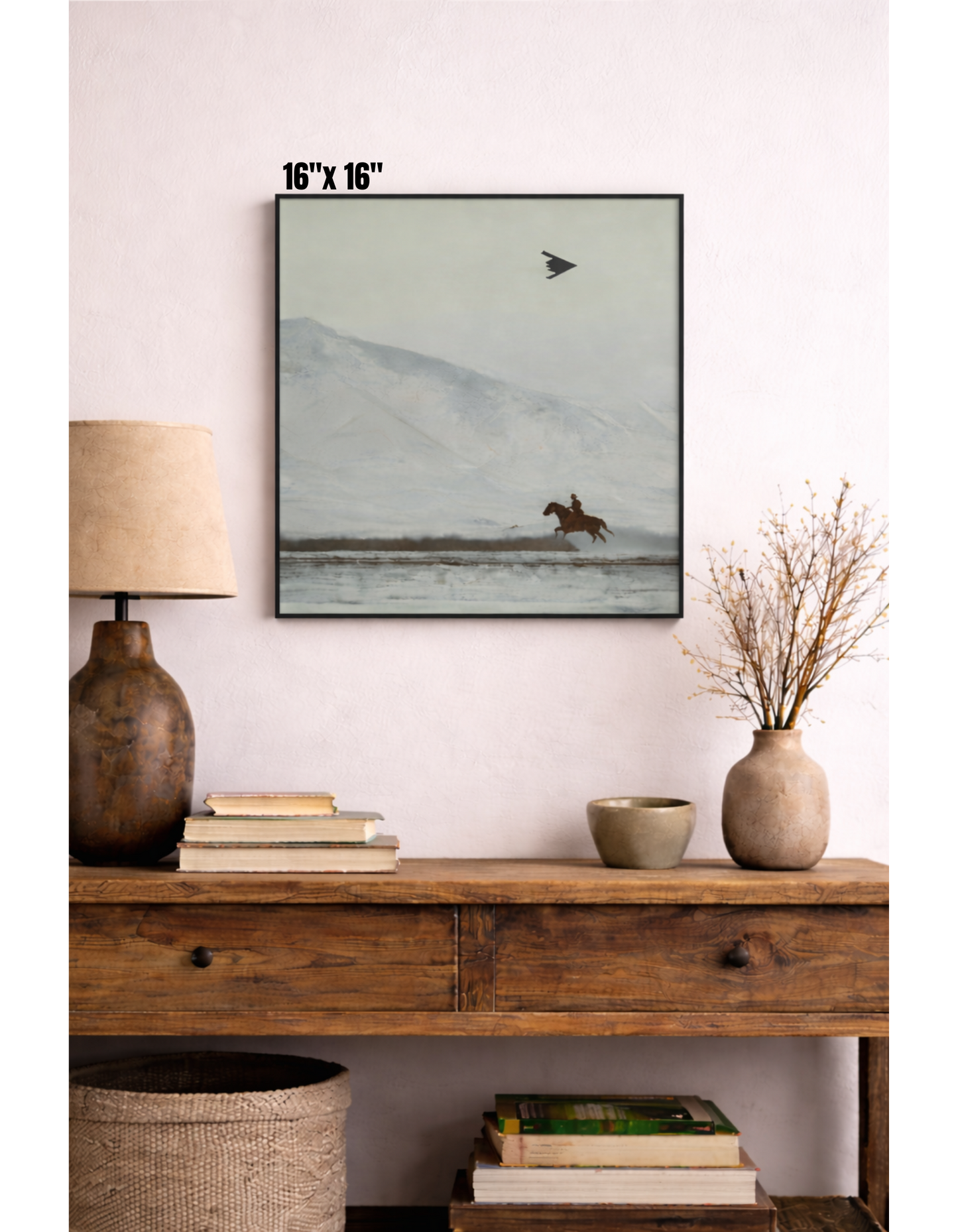 Cowboy on Horse and B2 Spirit Flying Satin Poster