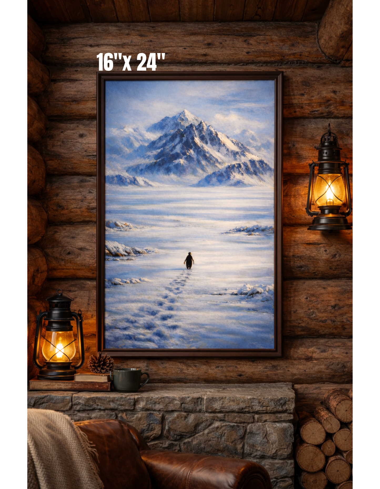 Penguin Walking Toward Mountain Satin Poster