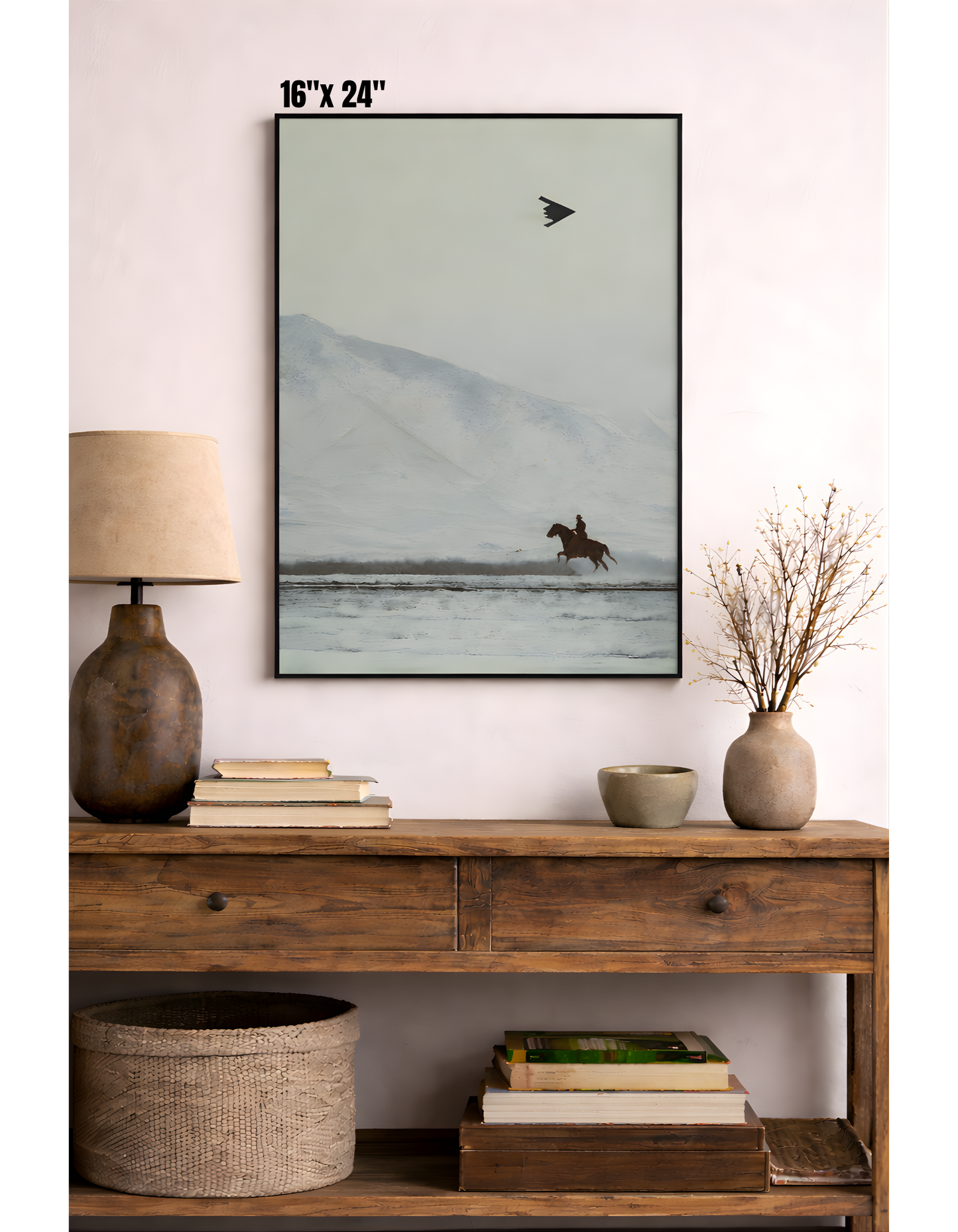 Cowboy on Horse and B2 Spirit Flying Satin Poster