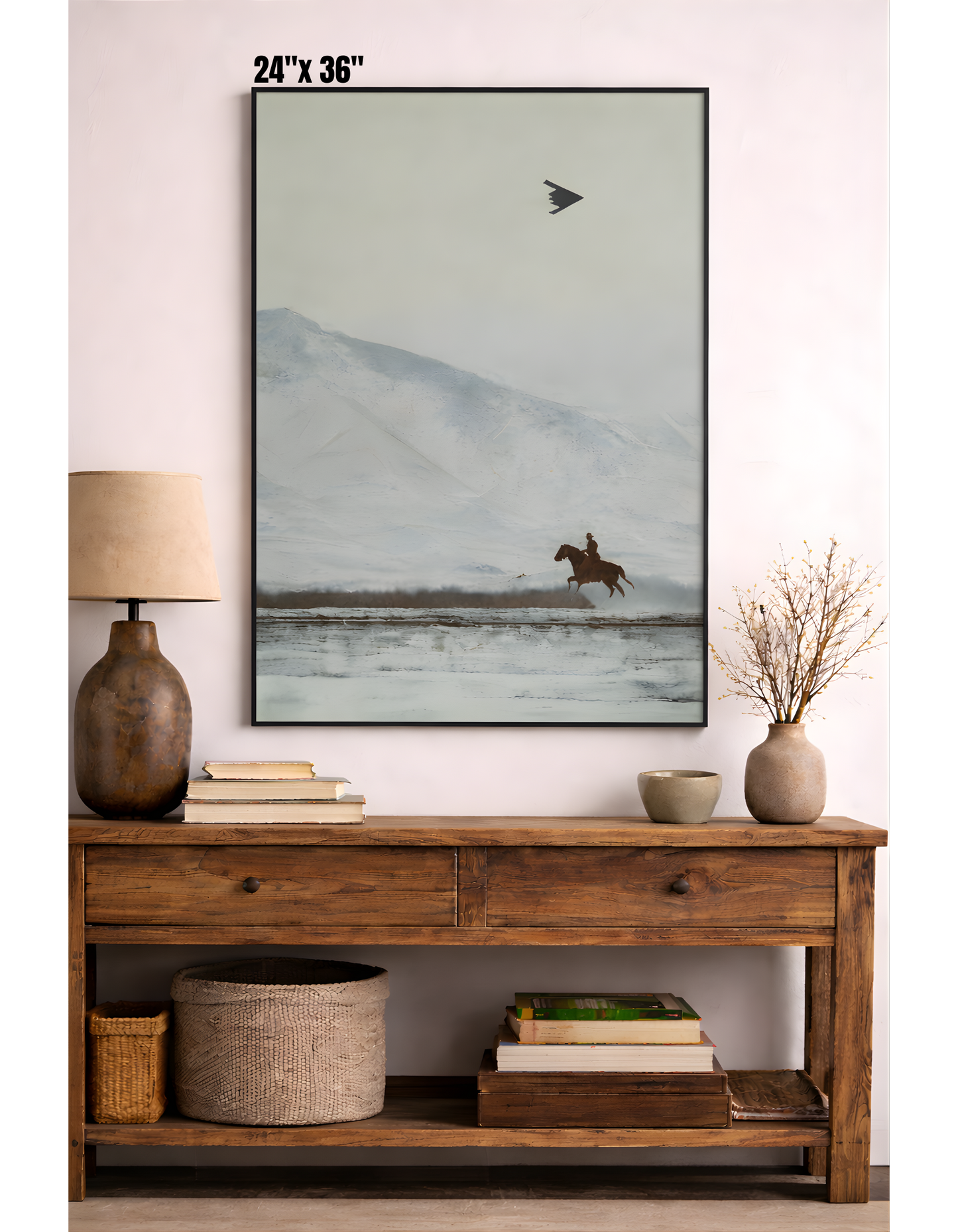 Cowboy on Horse and B2 Spirit Flying Satin Poster