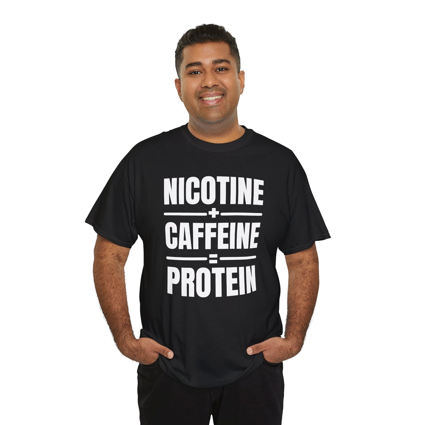Nicotine + Caffeine = Protein Unisex Heavy Cotton Tee