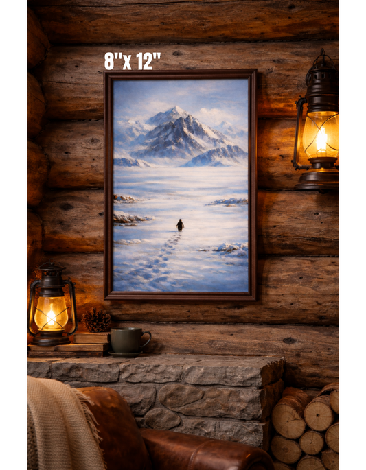 Penguin Walking Toward Mountain Satin Poster