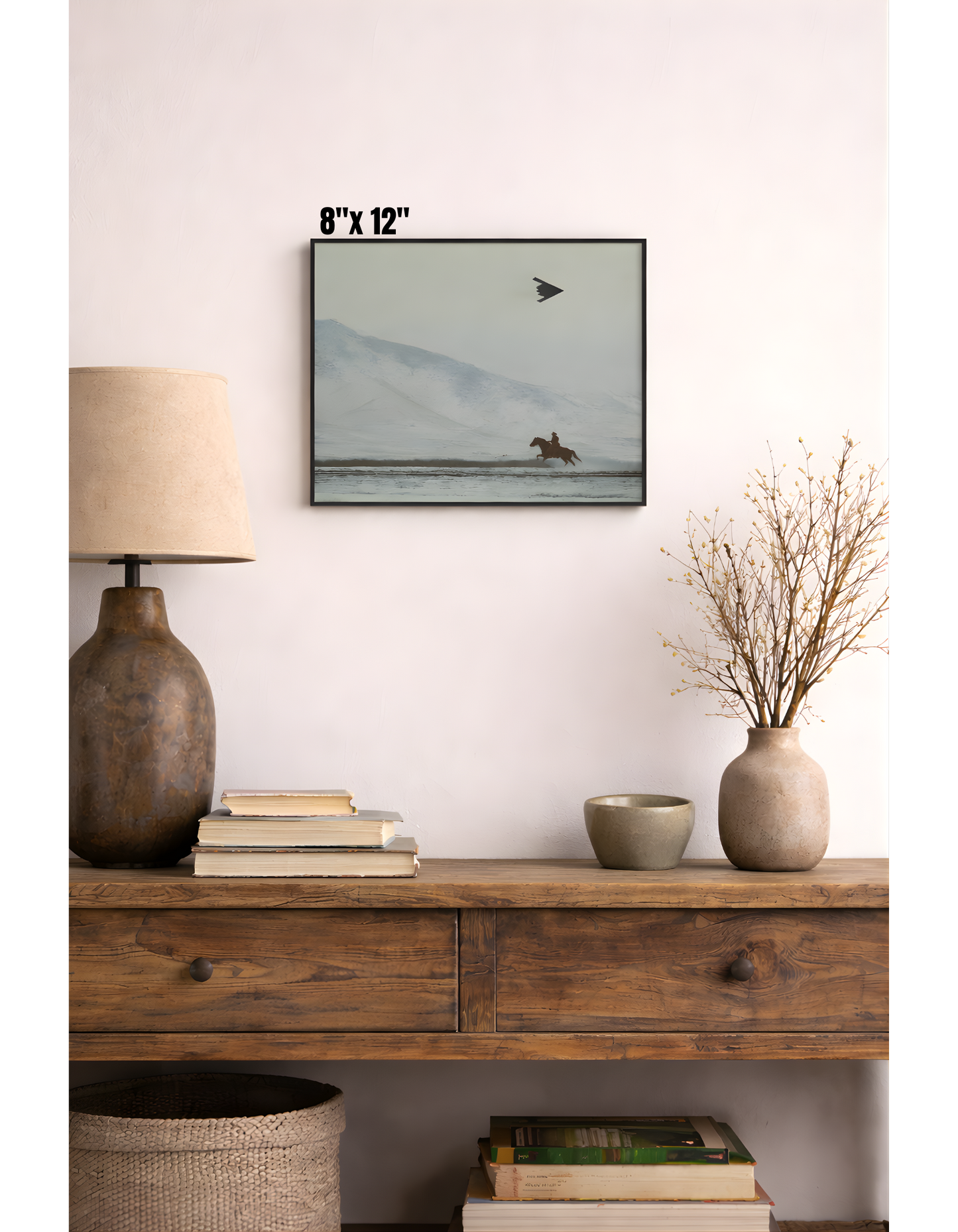 Cowboy on Horse and B2 Spirit Flying Satin Poster