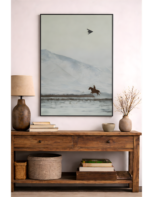 Cowboy on Horse and B2 Spirit Flying Satin Poster