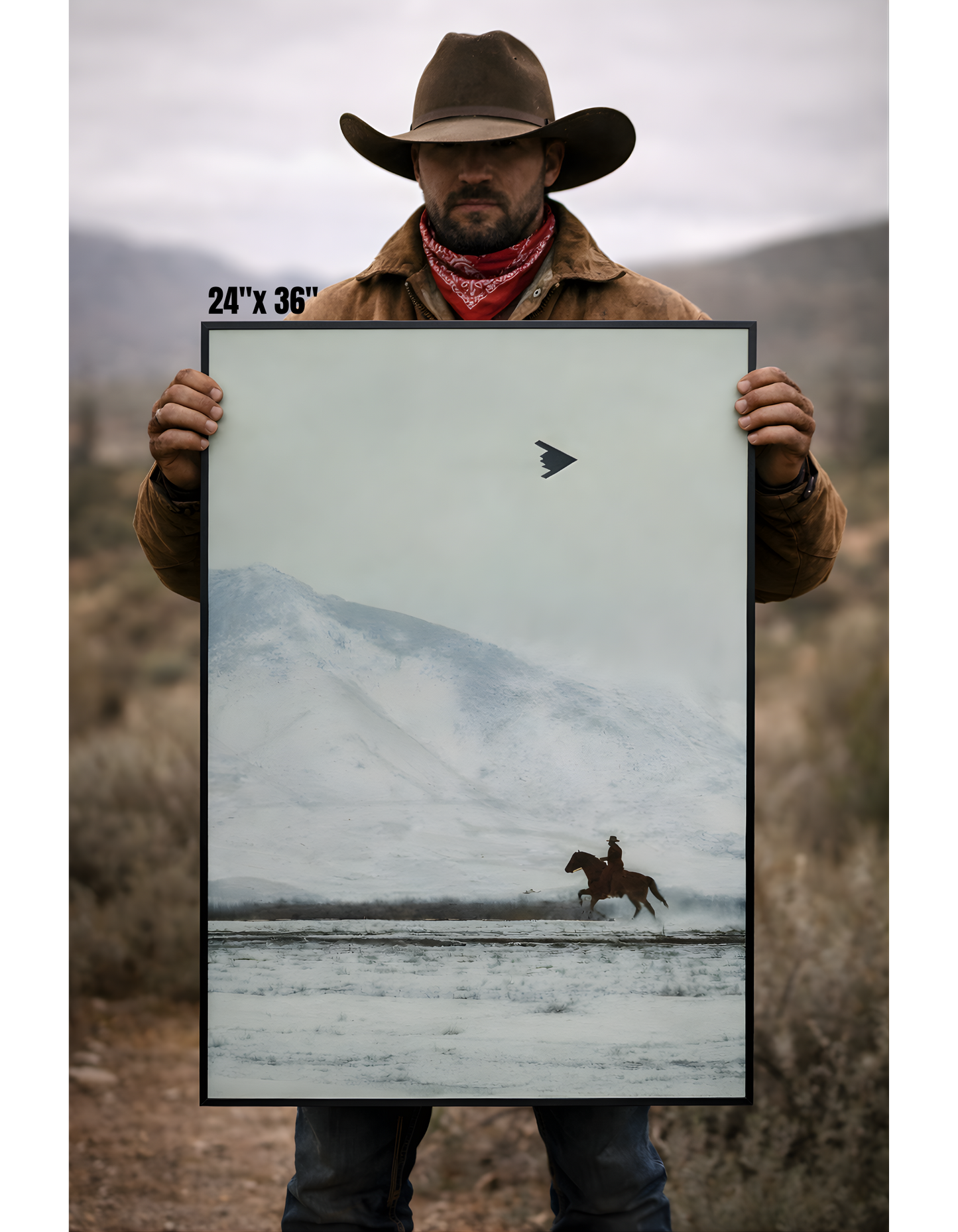 Cowboy on Horse and B2 Spirit Flying Satin Poster