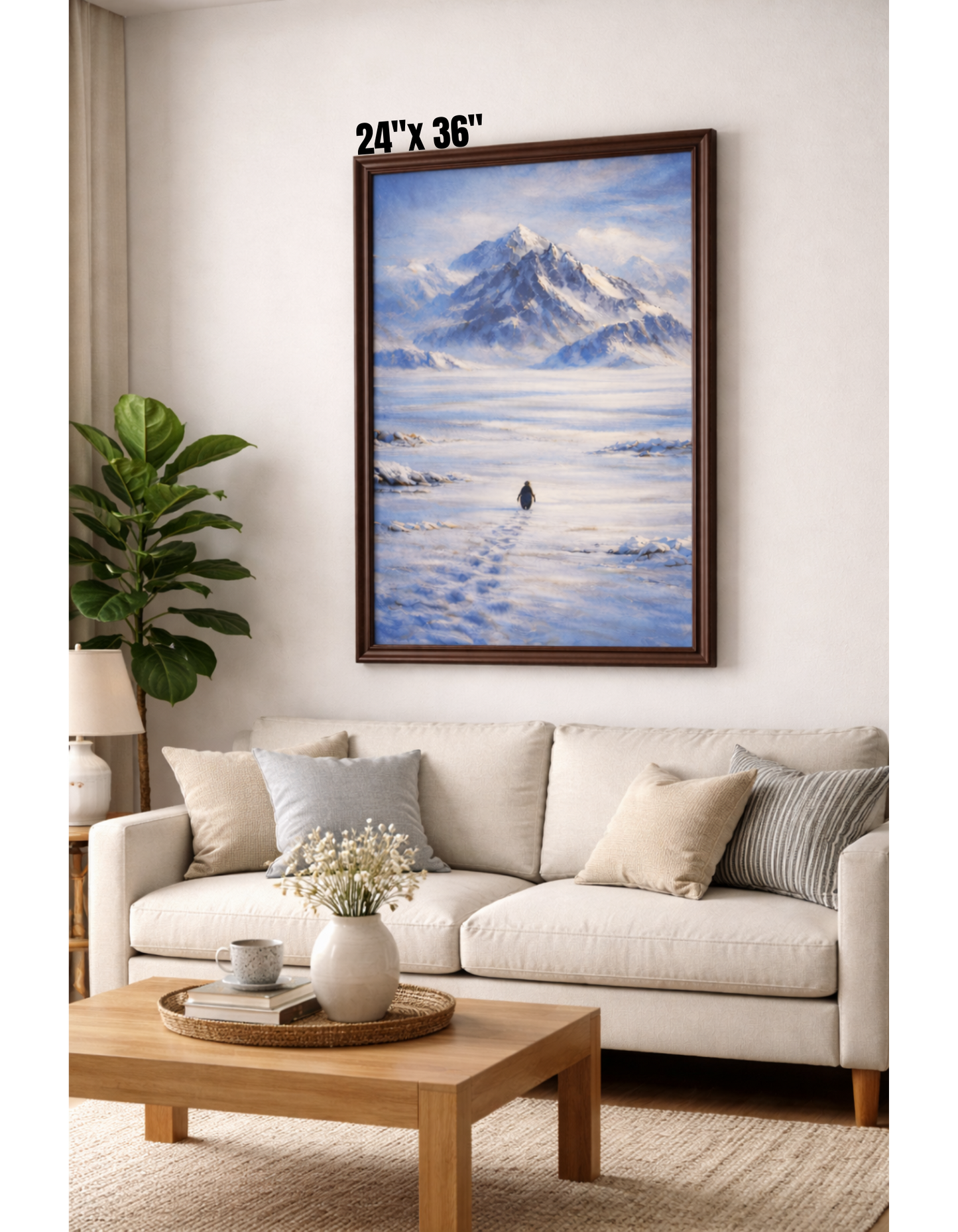 Penguin Walking Toward Mountain Satin Poster