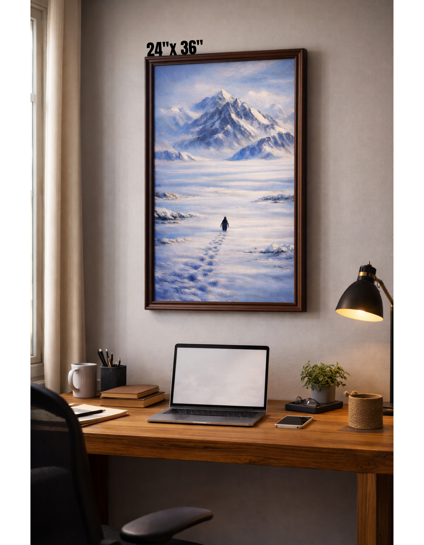 Penguin Walking Toward Mountain Satin Poster