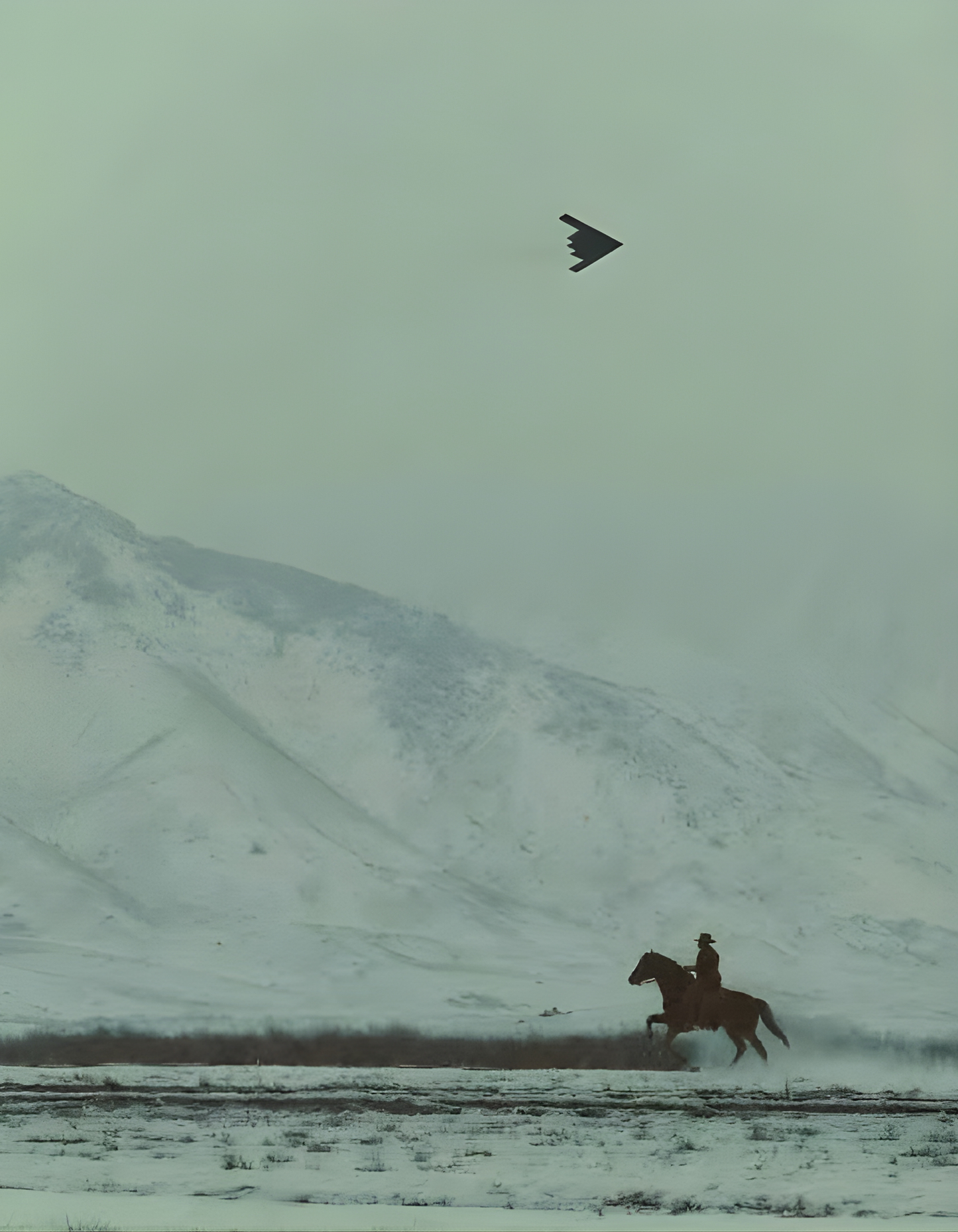 Cowboy on Horse and B2 Spirit Flying Satin Poster